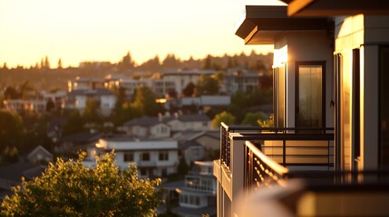 Fototapeta premium Modern Cityscape View from Apartment Balcony at Sunset Overlooking Urban Neighborhood : Generative AI