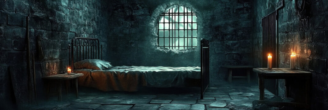 A dark prison cell with stone walls, iron bars, and an old bed, symbolizing captivity, isolation 
