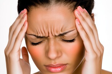 Fototapeta premium Woman feeling strong headache, brain pain, migraine, healthcare and medical concept