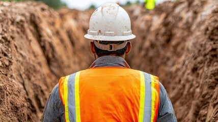 A construction worker in safety gear stands at the edge of a trench, focused on the task ahead, emphasizing safety and professionalism in the work environment.