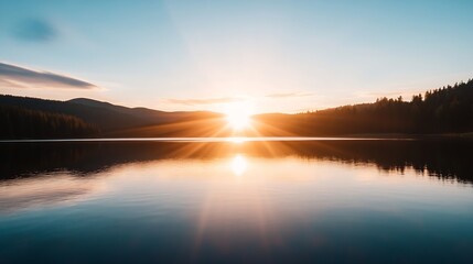 Fototapeta premium Sunset over mountain lake reflecting serene scenery natural tranquil environment : Generative AI