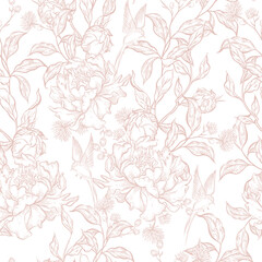 Graphic seamless pattern with flowers and birds.