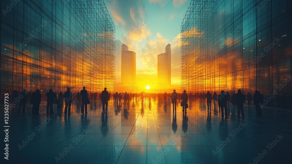 Wall mural Silhouetted figures gather at sunset between glass skyscrapers reflecting vibrant colors