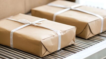 Brown Packages on Conveyor Belt: Efficient Postal Service