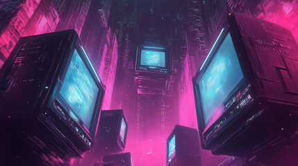 Futuristic digital cityscape with floating screens and neon pink tones. A bold and creative depiction of technology and innovation in a vibrant sci-fi setting