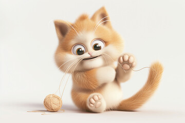 A 3D cartoon-style cute cat character playing joyfully with a ball of yarn