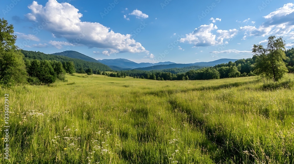 Aufkleber vast scenic meadow with distant mountains under a blue summer sky with white fluffy clouds : generat