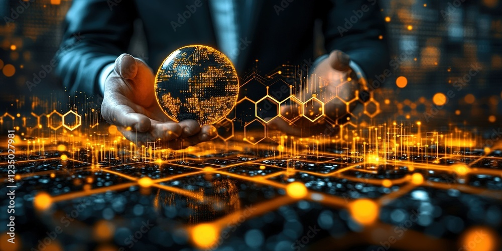 Poster digital globe held by person with glowing data patterns in a futuristic environment showcasing techn