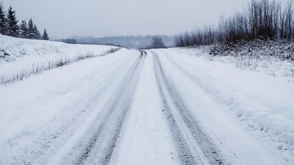Scenic Snow Covered Winter Road with Frosty Trees in Serene Landscape : Generative AI