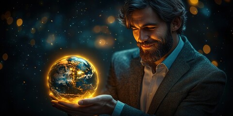 Fototapeta premium Mysterious man holds glowing globe while contemplating the future of our planet at night
