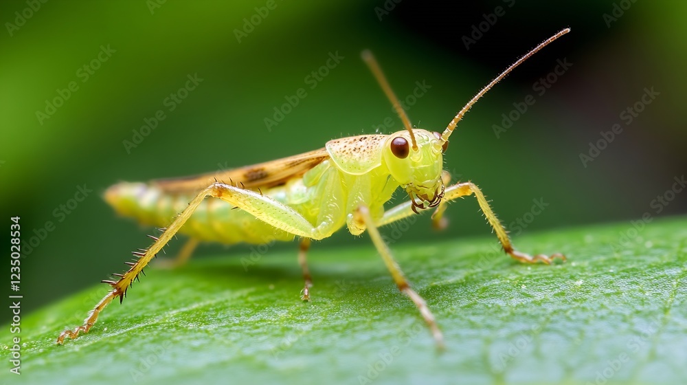 Aufkleber Close Up of Vibrant Green Grasshopper on Leaf with Soft Focus Background : Generative AI