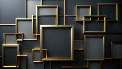 A minimalist black background with a contemporary design featuring a series of overlapping golden frames, creating an intricate geometric pattern that captivates the eye.