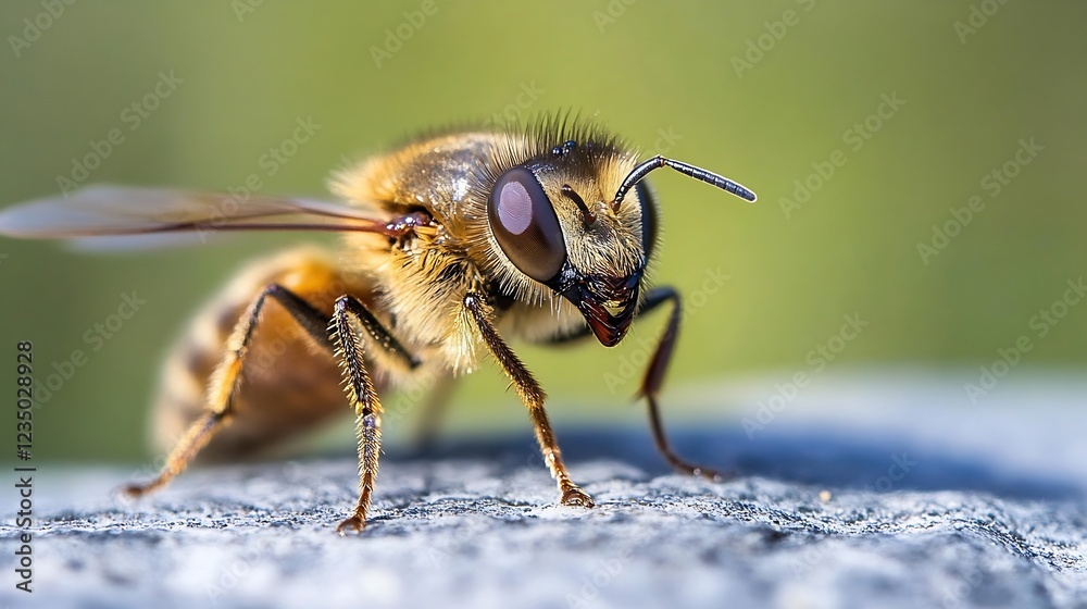 Poster Closeup Image of Brown Bee on Rock Showing Natural Texture and Pollen Collection Behavior : Generative AI