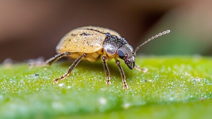 Macro Photograph of a Golden Beetle on Vibrant Green Leaf with Detail : Generative AI