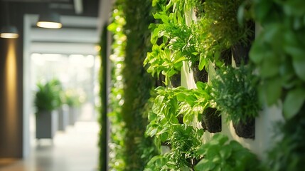 Fototapeta premium Vertical Indoor Living Wall with Lush Green Plants Enhancing Modern Office Interiors : Generative AI