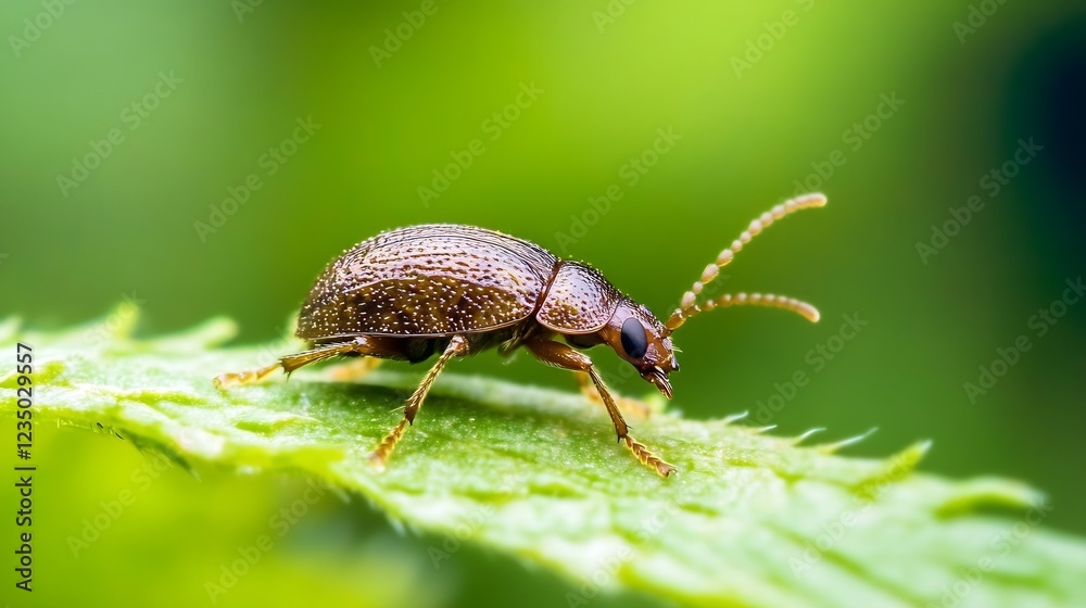 Poster Small beetle walking on a green leaf with natural bokeh background in macro perspective : Generative AI
