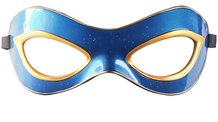 Blue superhero mask with gold trim on transparent background