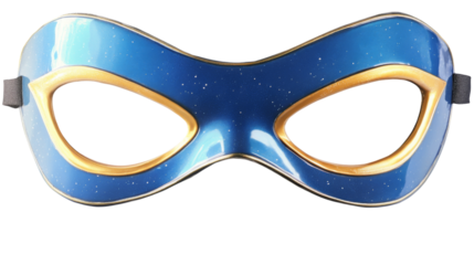 Blue superhero mask with gold trim on transparent background