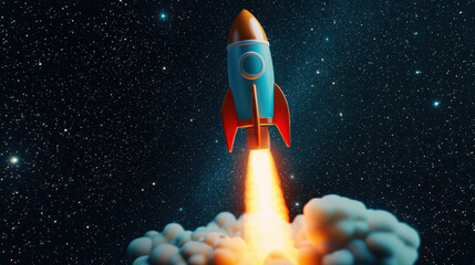 cartoonish toy rocket blasting off into space with vibrant flames and clouds