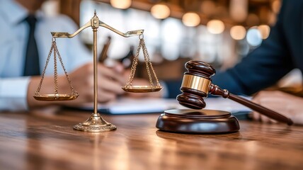 A gavel and scales of justice sit on a wooden table, representing law, order, and legal proceedings in a professional setting.
