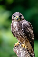 Powerful Hawk with Intense Gaze Posed Elegantly on Weathered Wood Perch : Generative AI
