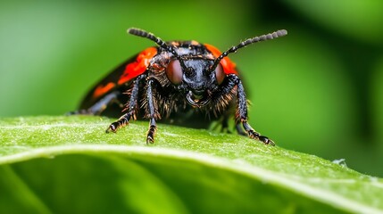 Naklejka premium Closeup Macro Shot of a Red and Black Beetle on Vibrant Green Leaf Surface : Generative AI