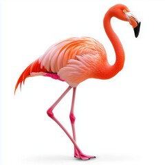 Graceful flamingo stands elegantly against a white background displaying its vibrant plumage and slender legs