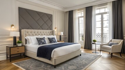 Modern, elegant hotel bedroom. Luxurious king-sized bed with light gray upholstered headboard and white linens.  Dark gray-blue patterned blanket on the bed.  