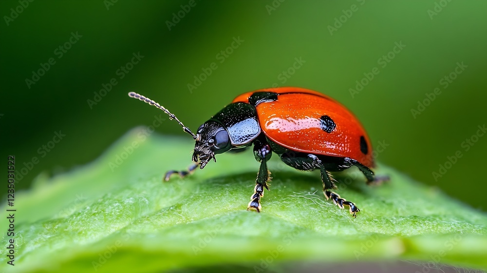 Poster Detailed Macro Image of a Red Ladybug with Black Spots on a Leaf : Generative AI