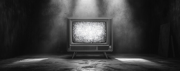 Vintage television with static screen in dark room under dramatic lighting
