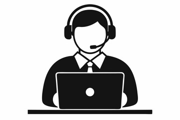 call center man with laptop black and white color