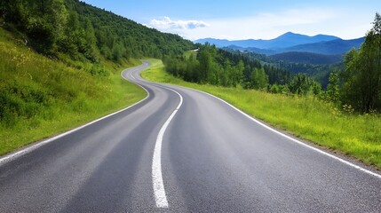 Fototapeta premium Scenic winding rural road through lush green landscape with mountain views : Generative AI