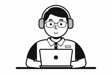 call center man with laptop black and white color