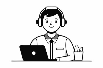call center man with laptop black and white color