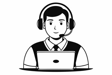 call center man with laptop black and white color