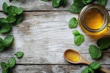Overhead shot of a rustic wooden surface with fresh mint leaves, a jar of tea, and a wooden spoon