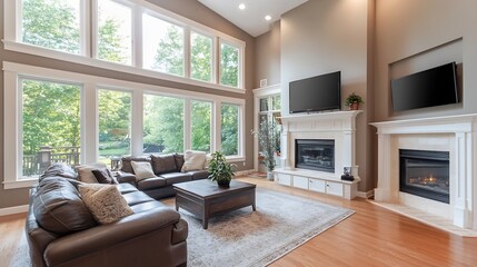 Luxurious Living Room with Large Windows and Elegant Design Providing Comfort and Natural Light : Generative AI