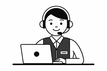 call center man with laptop black and white color