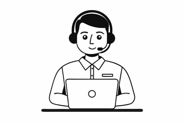 call center man with laptop black and white color
