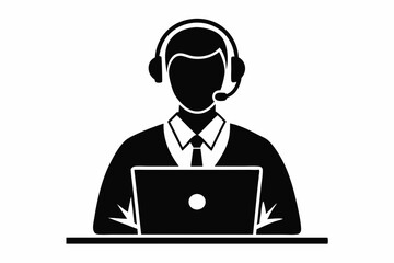 call center man with laptop black and white color