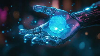 Robotic hand cradles glowing blue orb in a dimly lit environment showcasing futuristic technology