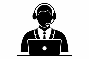 call center man with laptop black and white color