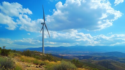 Vibrant Wind Turbine Against Stunning Blue Sky in Arid Landscape Energy Production : Generative AI