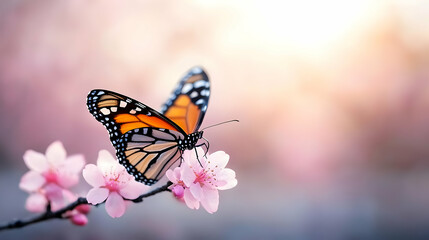 Obraz premium Monarch butterfly on pink blossom, spring garden, sunrise