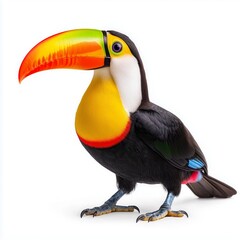 Naklejka premium Colorful toucan perched against a white background showcasing its vibrant beak and striking plumage