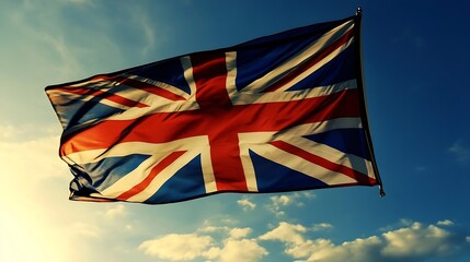 Majestic British Flag Fluttering in the Gentle Breeze Against a Sunny Sky : Generative AI