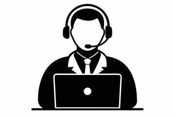 call center man with laptop black and white color