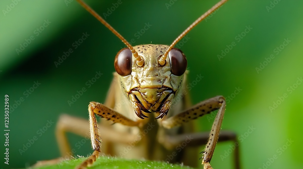 Poster extreme close up of grasshopper face in lush greenery bright and detailed insect study : generative 
