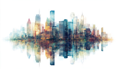 Fototapeta premium Modern City Skyline with Vibrant Reflections at Sunrise