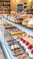 A vibrant display of sweet pastries topped with various berries, showcased in a candy store. The shelves are filled with diverse and delicious treats.